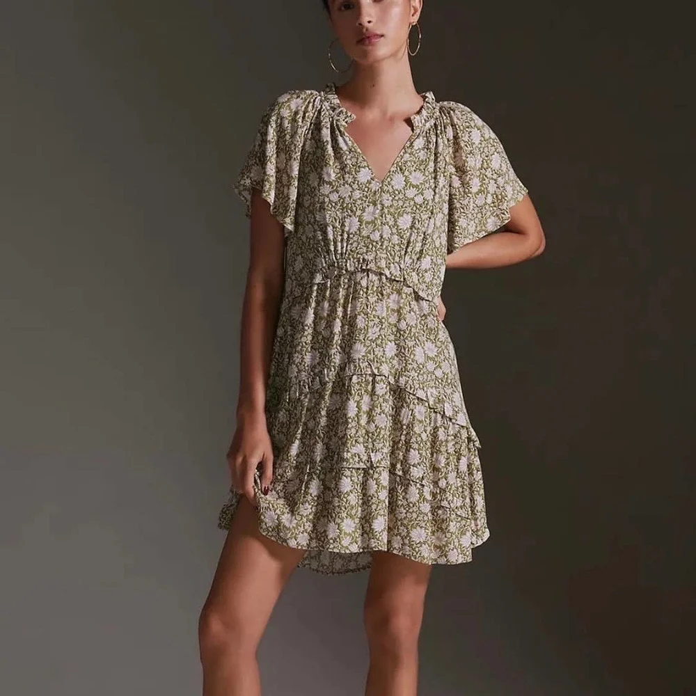 ANTHROPOLOGIE Dress Womens XS Green Robin Tiered Mini Short Sleeve Floral Print - Picture 2 of 16